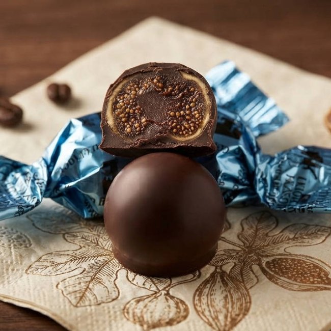 Bombón de higo relleno trufa al brandy con chocolate negro granel 0.2 kg