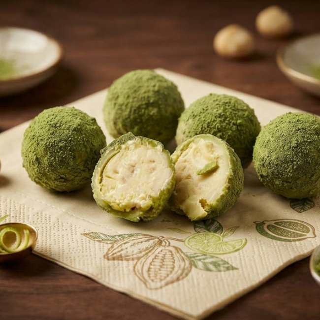 Cajita de 6 uds de bombón de lima limón y un toque de té matcha