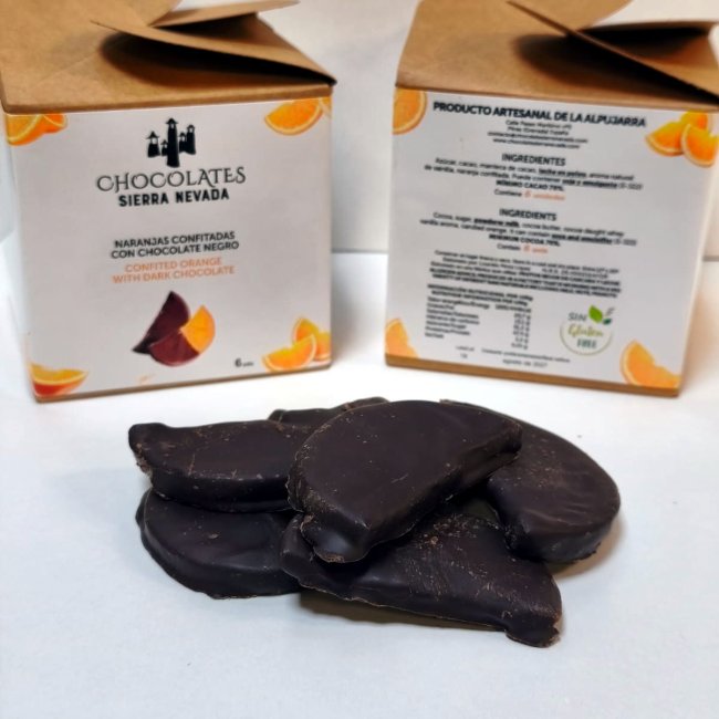 Cajita de 6 uds de naranja confitada con chocolate negro 70%
