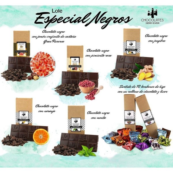 Lote especial chocolate negro(1 tableta 100grs, 4 tabletas 100 grs y 1 estuche b. higo 150 grs aprox. total 875 grs aprox)