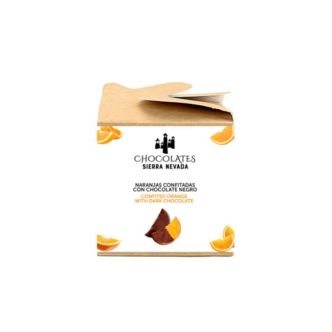 cajita de 6uds de Naranja confitada con chocolate negro 70%.