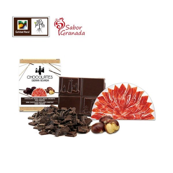 Tableta chocolate negro con taquitos de jamón de castaña 100 gr