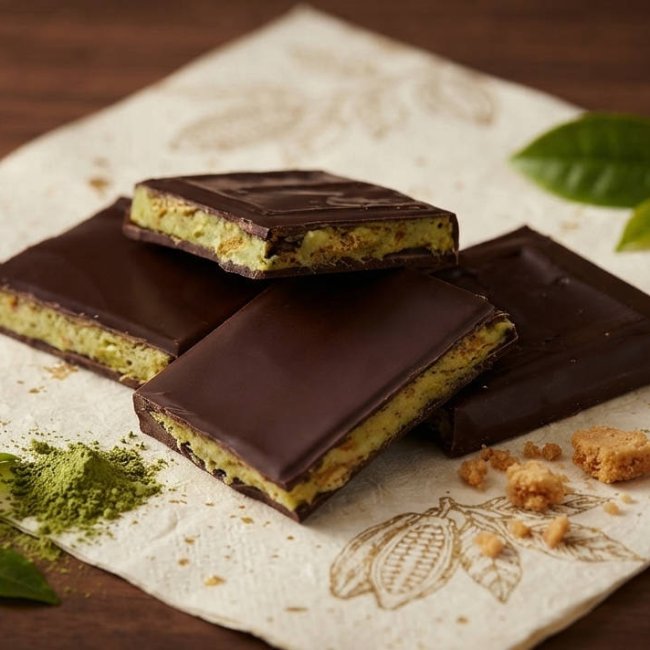 Tableta Florentia de chocolate negro rellena de crema de chocolate blanco, té matcha y crujiente de galleta