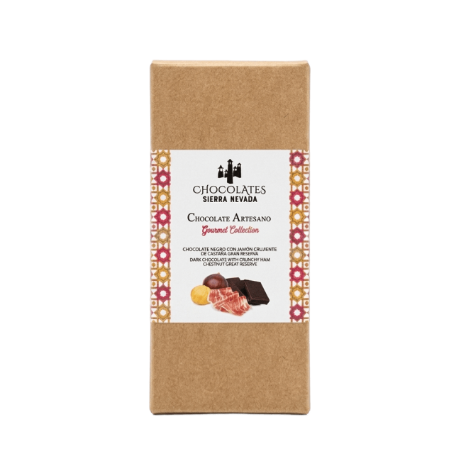 Tableta gourmet chocolate negro con jamón crujiente de castañas gran reserva 100 g