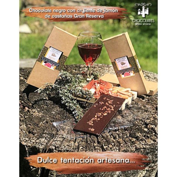 Tableta gourmet chocolate negro con jamón crujiente de castañas gran reserva 100 grs