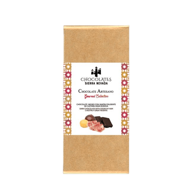 Tableta chocolate negro con taquitos de jamón de castaña 100 g