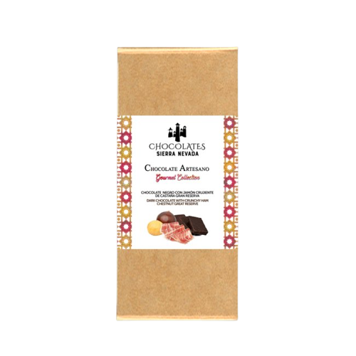 Tableta chocolate negro con taquitos de jamón de castaña 100 gr